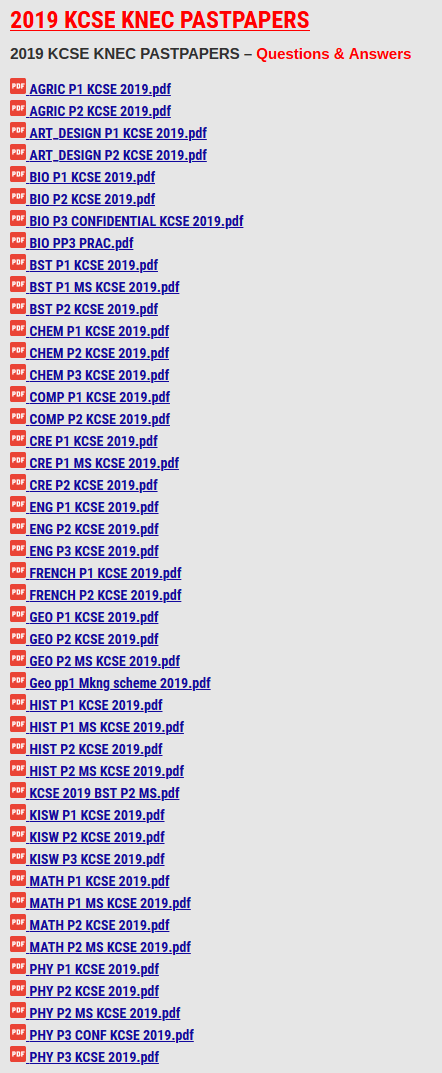 2019 KCSE KNEC PAST PAPERS